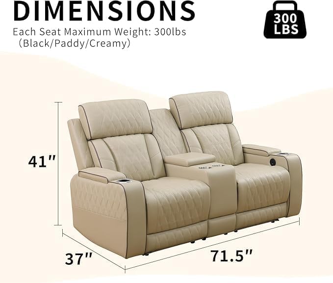 Power Recliner Set with LED Lights, Quilted Air Leather Reclining Set with USB - Image 2