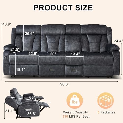 90.6" Reclining Sofa 3 Seater Recliner Couch - Image 3