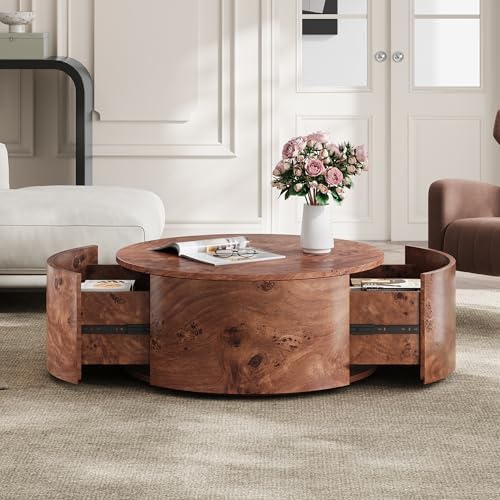 28.4" Coffee Table Round Wood Burl Wood Rotating - Image 3