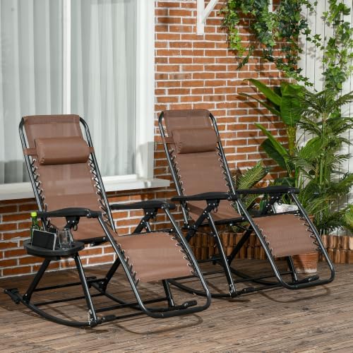 Outsunny Set of 2 Outdoor Rocking Chairs Zero Gravity Lounge Rocker Brown - Image 2