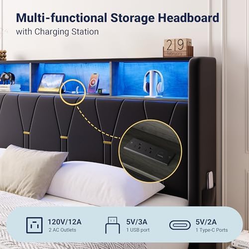 Allewie Queen Bed Frame with 2-Tier Storage Headboard, Charging Station & LED - Image 5