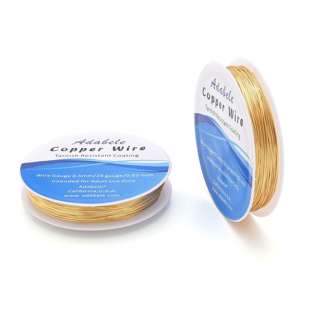 Adabele 295 Feet Premium Tarnish Resistant Round Jewelry Wire Copper Beading Wire Spool Bulk (0.5mm/24 Gauge) 18K Gold Plated for DIY Craft Jewelry Making BF286-5