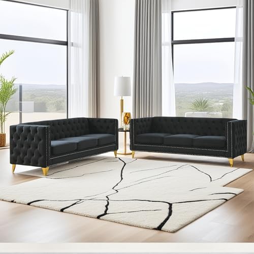 80.5" 2 Piece 3-Seater Velvet Chesterfield Sofa by Unknown
