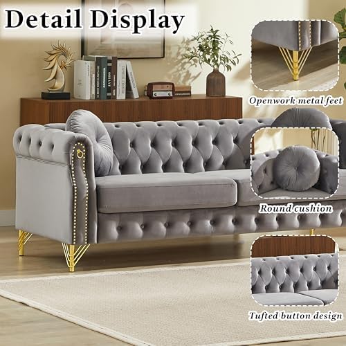 2 Pieces Grey Velvet Chesterfield 82" 3-Seater Sofa Sets, Featuring Copper Stud - Image 3