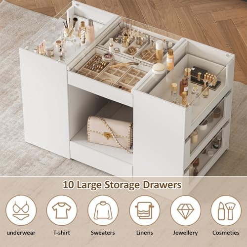 LIVAUVEAD Closet Island with 10 Drawers, LED Light & Glass Top - Image 4