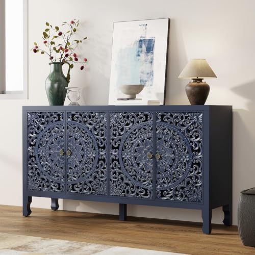 Buffet Cabinet with Storage, Accent Cabinet with 4 Carved Doors, Solid Wood - Image 6
