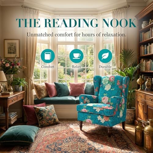 Mid Century Wingback Accent Chair Floral Cyan - Image 7