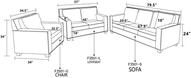 3-Piece Transitional Fabric Sofa Set, Living Room Couch - Image 2