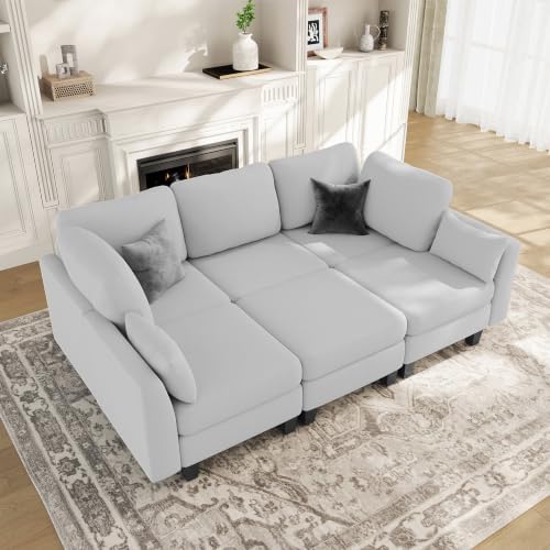 Sectional Sleeper Sofa, 6 Seaters Modular Sleeper Sofa Couch, Light Grey - Image 2