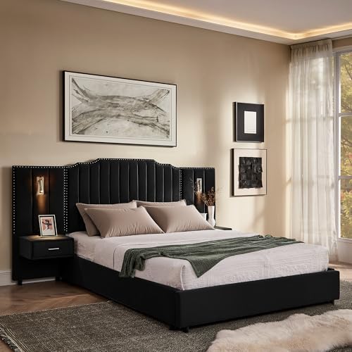 Queen Size Bed Frame with LED Lights and Nightstands, Modern Velvet Upholstered by Kolavess
