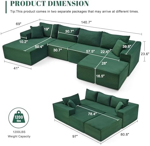 Mangodan 140” Cloud Sectional Couch, Modular Sectional Sofa - Image 3