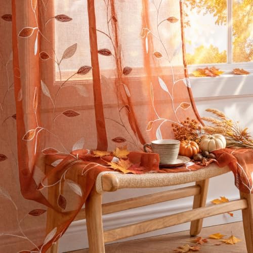 MIULEE Burnt Orange Sheer Fall Curtains 2 Panels Leaf Patterned, W52 x L84 by MIULEE