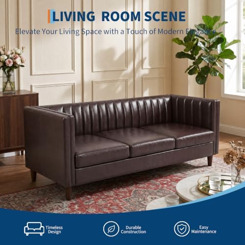 Garvee 81'' Brown Faux Leather Couch - Image 3