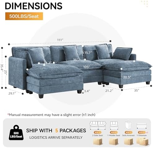 111'' Sectional Cloud Deep Seat Couch, Oversized Chenille U Shaped Sectional - Image 2