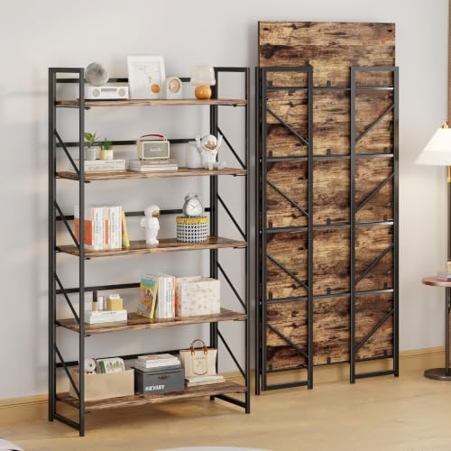 JSB 5 Tier No Assembly Folding Bookshelf, 30.7" Wide Foldable Storage Bookcase - Image 4