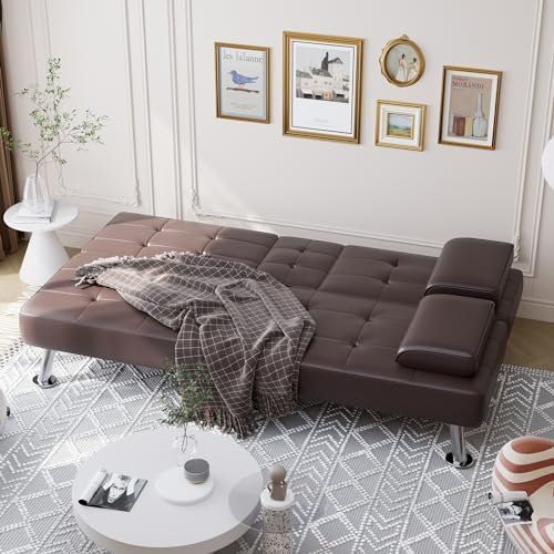 Shahoo Leather Convertible Futon Sofa Bed, Folding Sleeper Loveseat Couch - Image 3
