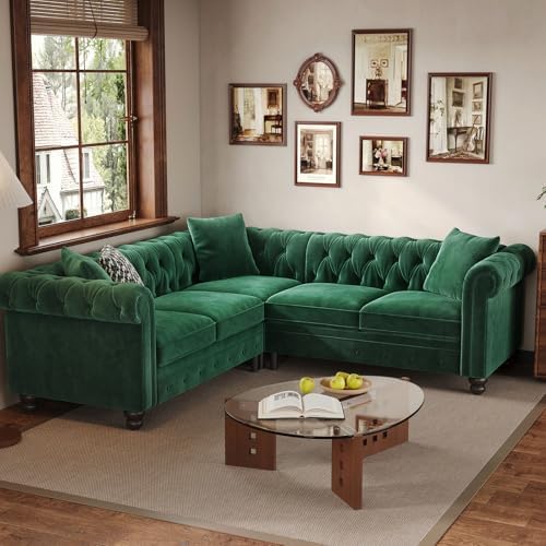ONBRILL Velvet Chesterfield Sofa, L-Shaped Sectional Sofa - Image 5