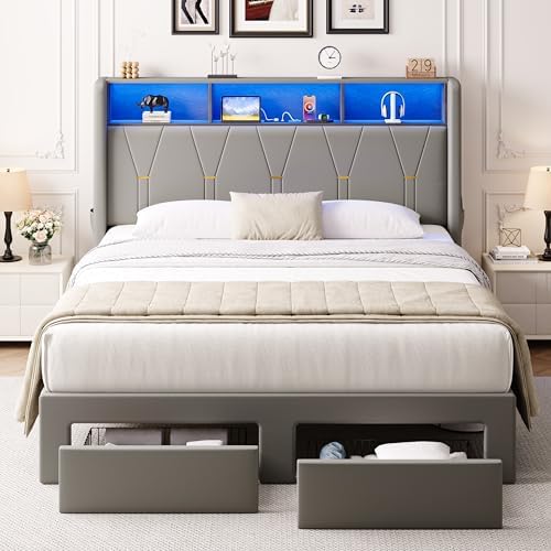 Allewie Full Bed Frame with 2-Tier Storage Headboard, Charging Station & LED - Image 3