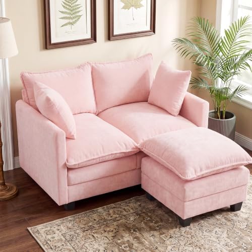 50" Love Seat with Ottoman, Small L Shape Cloud Sofa Couch, 2-Layer Cushion & by KYJ
