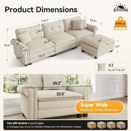 SUNSHINE VALLEY 116" Oversized Modular Sectional Couch L Shaped Living Room - Image 2