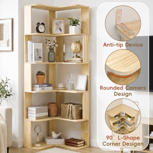 RUNSUNSPRI Tall Corner Bookshelf, 6-Tier Solid Wood L-Shaped Corner Shelf - Image 3