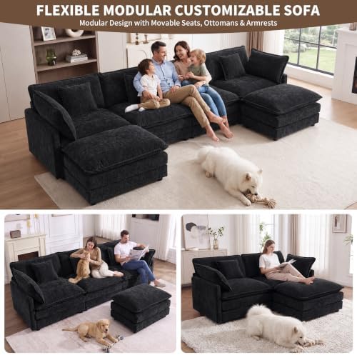 Tmsan 76.7" Black L Shaped Sectional Couch, Cloud Loveseat Sofa w/Ottoman - Image 7