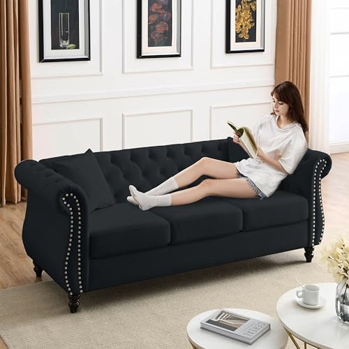 2 Piece Modern Black Velvet 80" 3-Seater Sofa Sets, Upholstered Tufted Backrests - Image 6