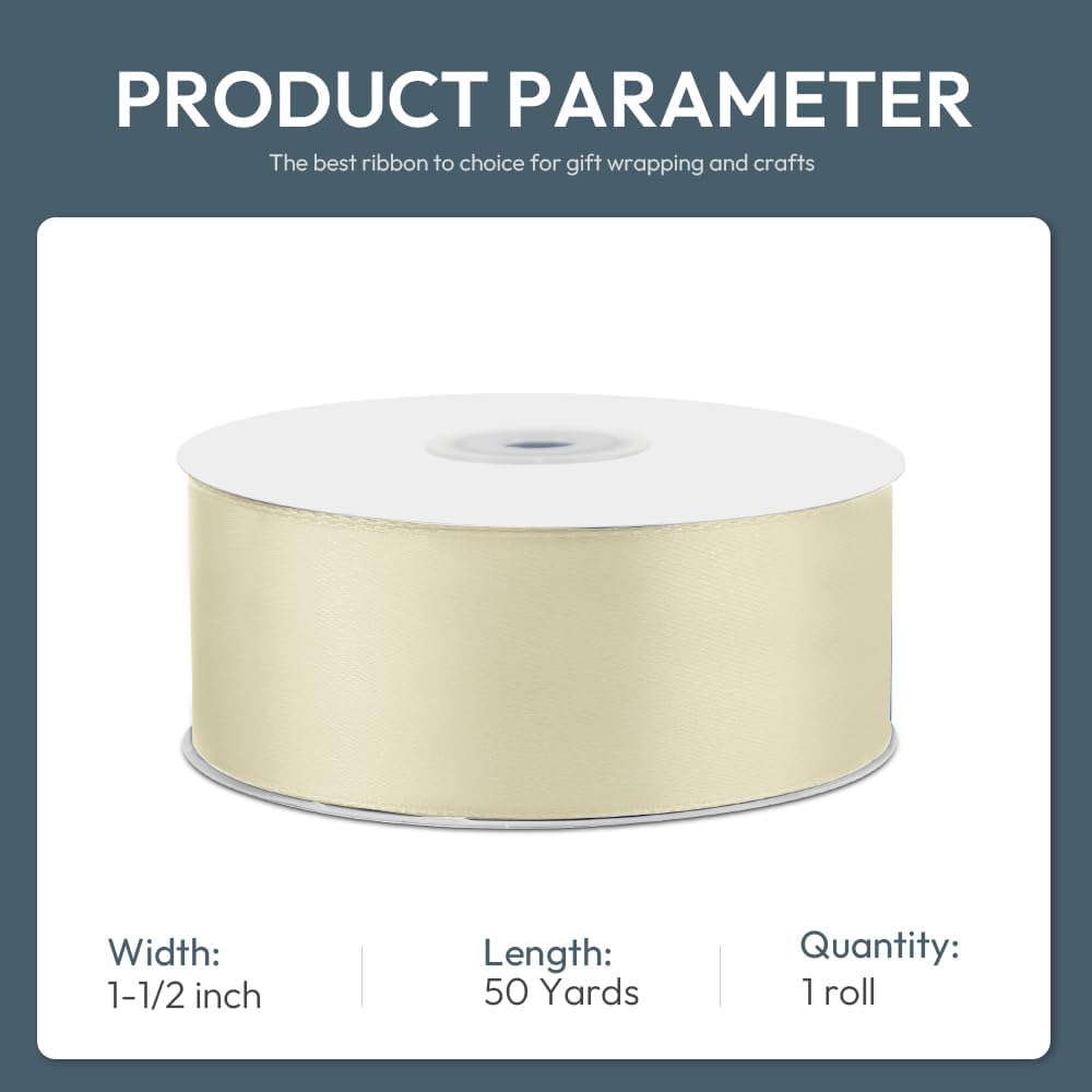 KMER LIFE 1-1/2" Wide x 50 Yards Ivory Single Faced Polyester Satin Ribbon for Wedding Decor, Wreath, Crafts, Gift Wrapping & Other Projects