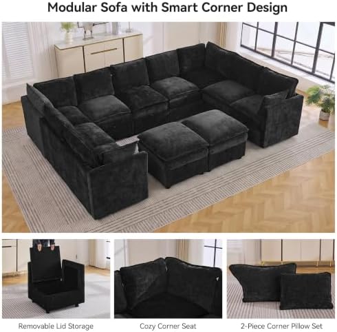 130" Black Oversized Modular Storage Sofa, U Shaped Chenille Cloud Couch - Image 6