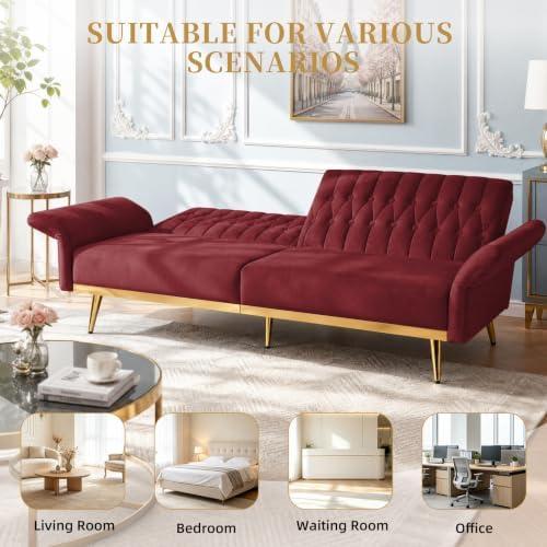 70” Velvet Futon Sofa Bed w/Adjustable Armrests - Image 5