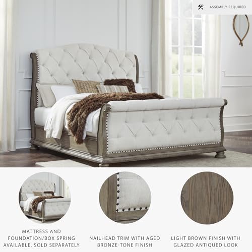 Signature Design by Ashley Upholstered Sleigh Bed Frame, Light Brown - Image 4