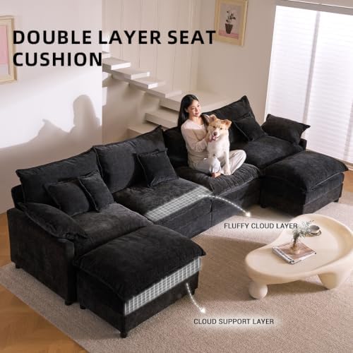 GOSUHI 142.5" U-Shaped Modular Cloud Couch, Deep Seat, Chenille Black - Image 5