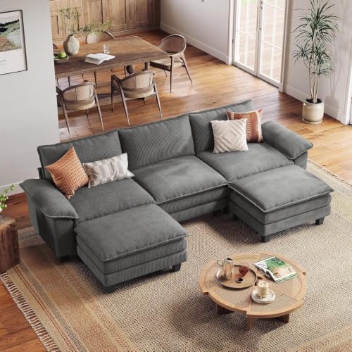 LINSY HOME 123'' Modular Sectional Sofa Green Couch Corduroy Cloud Couches by LINSYHOME