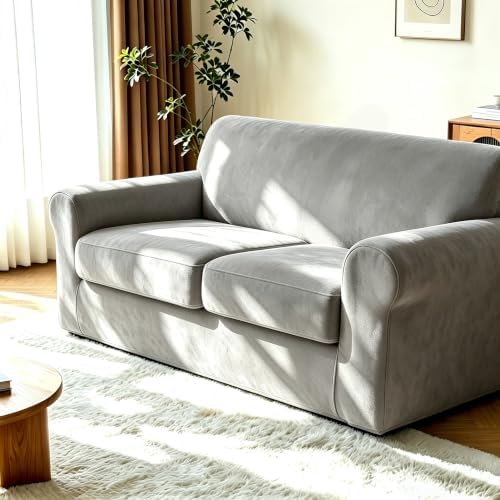 Luxury Velvet Sofa Covers for 2 Cushion Couch, Light Grey by HOMECOVER