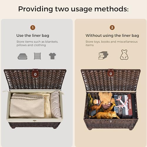 Wicker Storage Basket with Lid, 65L Shelf Basket with Removable Liner Bag - Image 5