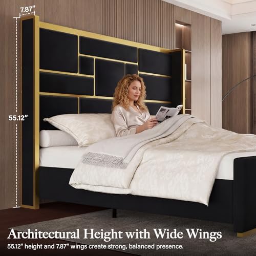 King Bed Frame and Gold Trim Headboard, Upholstered Bed - Image 4