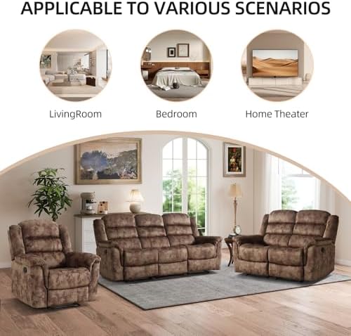 EBELLO 3 Pieces Reclining Living Room Set, Overstuffed Soft Fabric Manual - Image 5