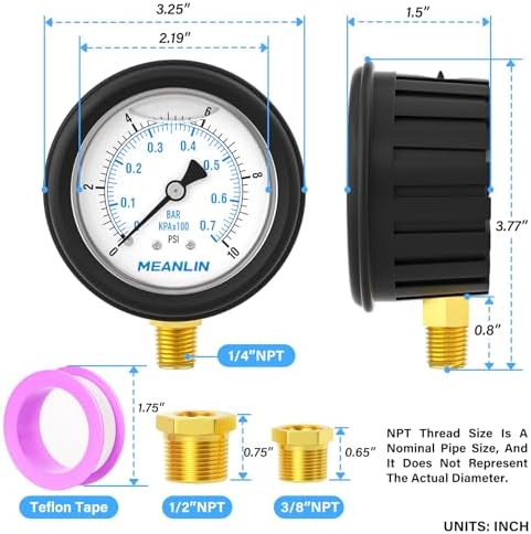 MEANLIN MEASURE 0~10Psi Stainless Steel 1/4" NPT 2.5" FACE DIAL Liquid Filled - Image 2