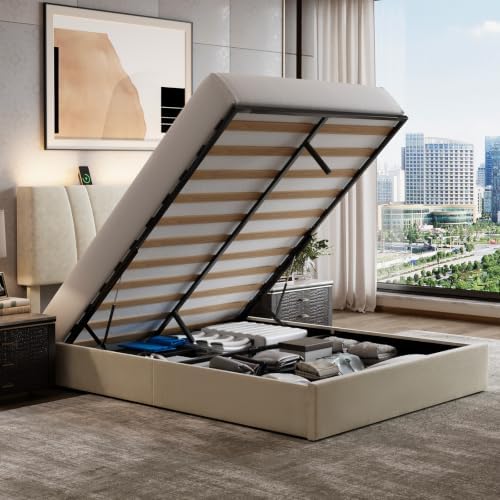 Novilla Queen Lift Up Storage Bed Frame/Charging Station/LED Light by Novilla