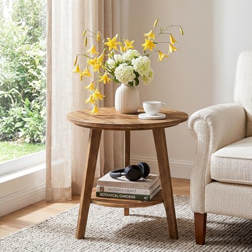 Tribesigns Solid Wood Round Side Table, 2-Tier Farmhouse End Table - Image 4