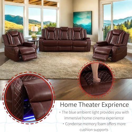 Power Recliner Set with LED Lights, Air Leather Reclining Set with USB - Image 3