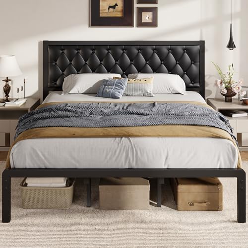 Fluest King Bed Frame with Headboard PU Leather Upholstered Bed Frame Platform by Fluest