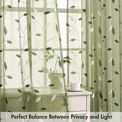 MIULEE Sage Green Sheer Curtains 2 Panels Leaf Patterned, W30 x L30 - Image 5