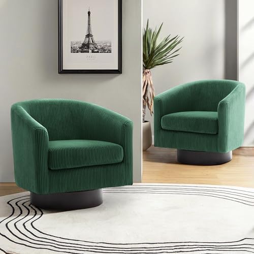 Pia Ricco Set of 2 Corduroy 360° Swivel Barrel Accent Chair Dark Green - Image 3