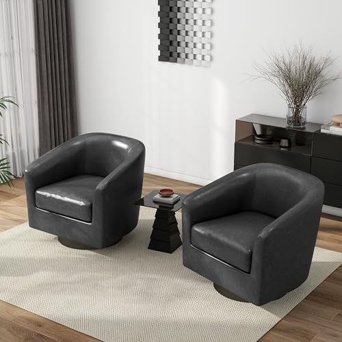 Pia Ricco Set of 2 Faux Leather 360° Swivel Barrel Accent Chair Black - Image 7
