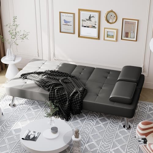 Shahoo Leather Convertible Futon Sofa Bed, Folding Sleeper Loveseat Couch - Image 3