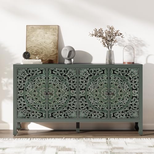 Buffet Cabinet with Storage, Accent Cabinet with 4 Carved Doors, Solid Wood by Furnivado