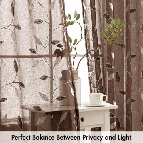 MIULEE Chocolate Brown Sheer Curtains 2 Panels Leaf Patterned, W52 x L63 - Image 5