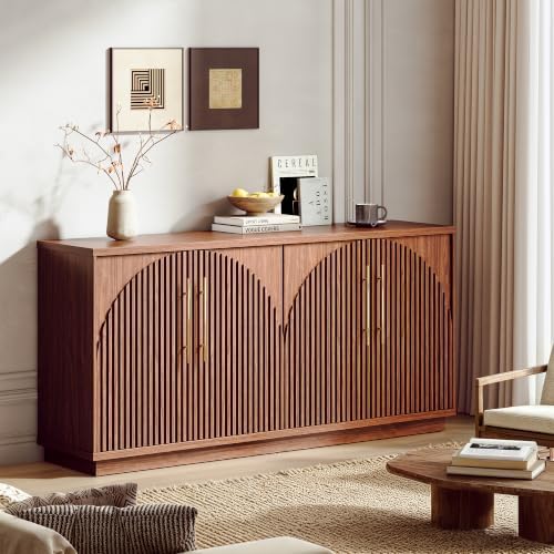 65" Buffet Cabinet with Storage, Fluted Sideboard Cabinet with 4 Arched Doors & - Image 3