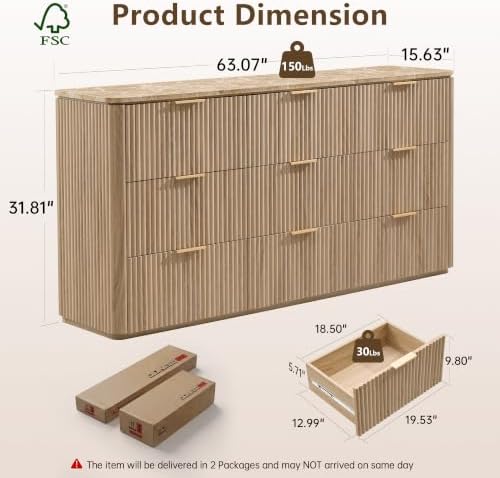 63"W Fluted 9 Drawer Bedroom Dresser, - Image 2